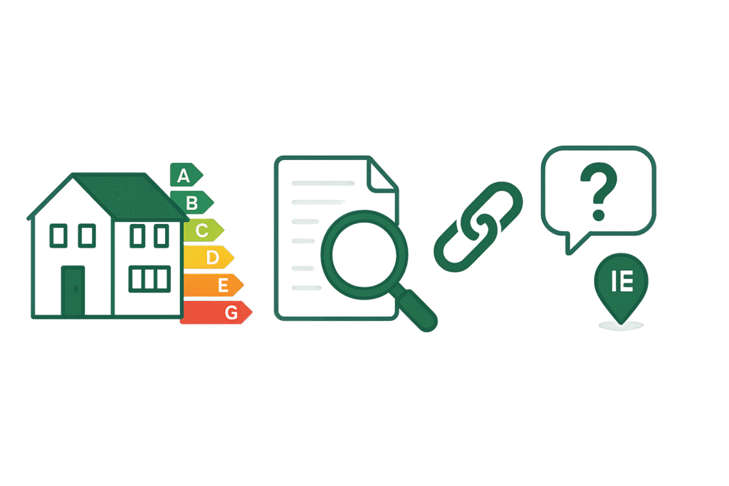 BER Checker, Illustration depicting a house with a Building Energy Rating scale from A to G, alongside icons representing a document, a magnifying glass, a link, a question mark, and a location pin
